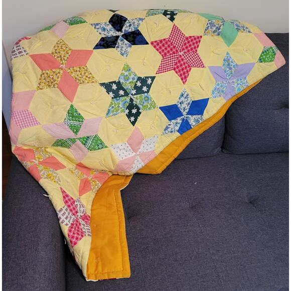 Vintage Star Pattern Hand Made Quilted Throw Blanket 51 x 44 Granny Backed Tied - Picture 4 of 7